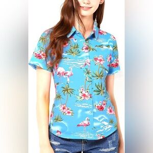 T79 NWT SSLR Women’s Button Front Tropical Flamingo Hawaiian Shirt - Size: 2XL